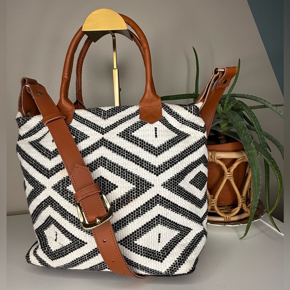 Rachel Zoe Handbags - Rachel Zoe × Tribe Alive Geometric Woven Tote Bag Black White Tan Leather Straps